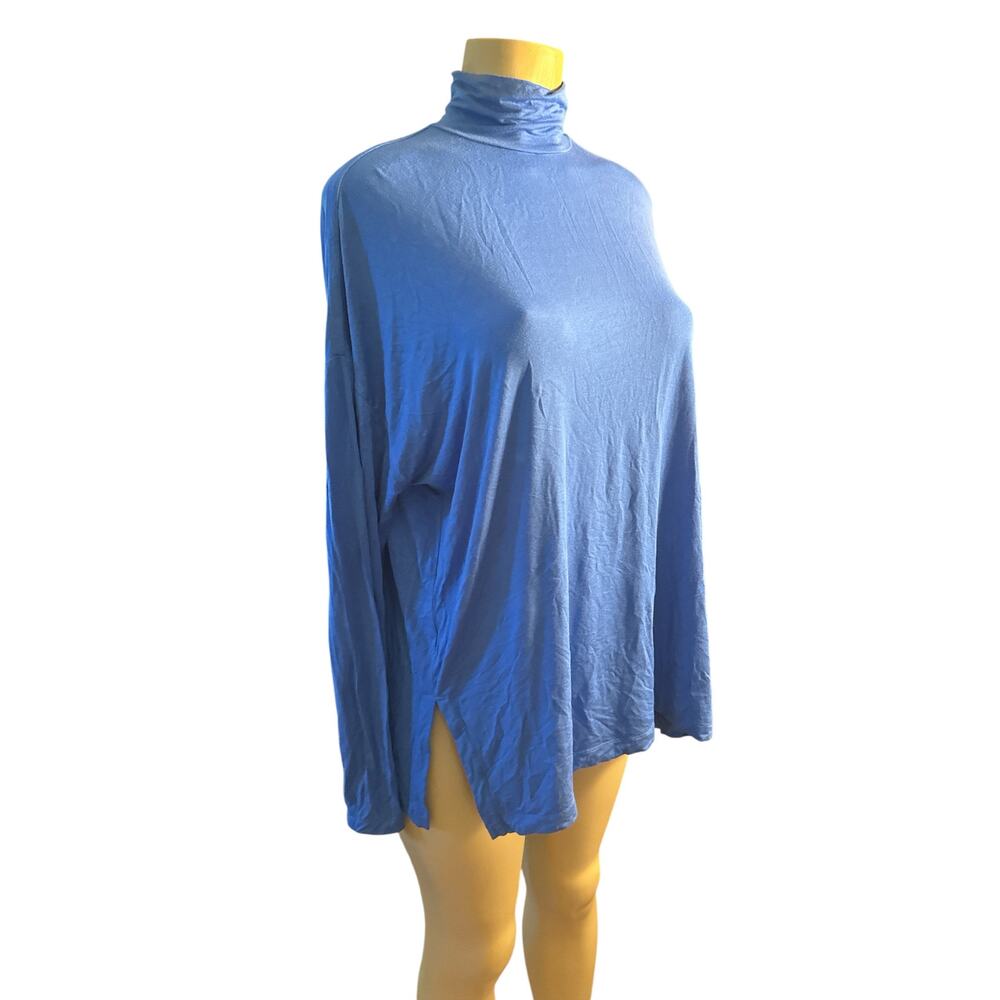 Women C L Roucha Tol Turtleneck Blue Long Slv Shirt Top Tee Oversized Modal